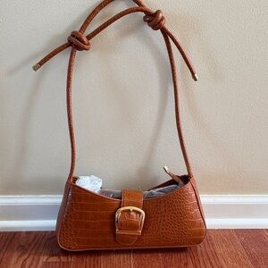 Tan Croc-Embossed Shoulder Bag